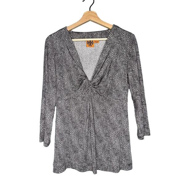 Tory Burch 100% Silk V-Neck Abstract Printed Blouse Gray/White Size Medium - Picture 1 of 5